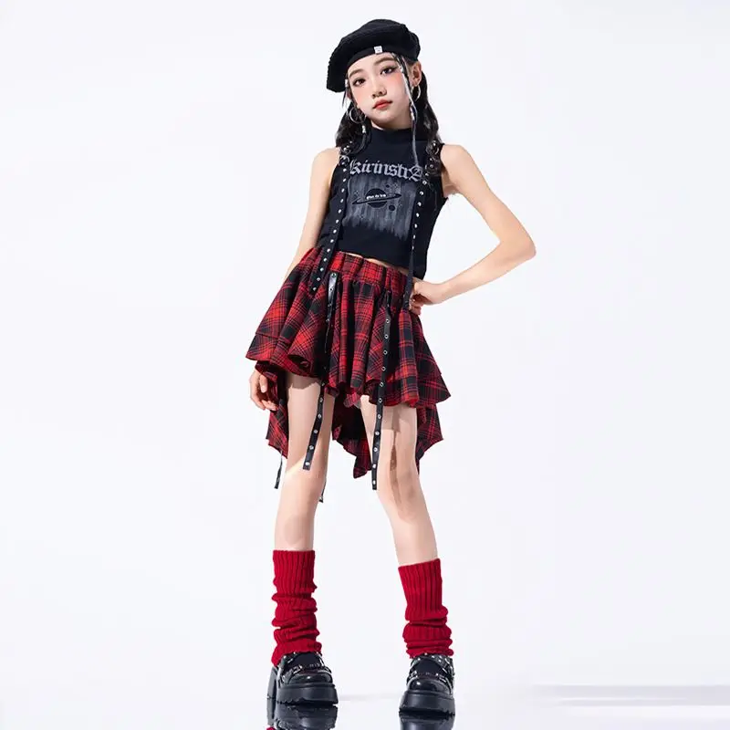 Hip Hop Girls Crop Top Plaid Street Dance Skirt Kids Ribbon Pleated Skirts Teens Jazz Cool Costumes Child Streetwear Clothes Set 6