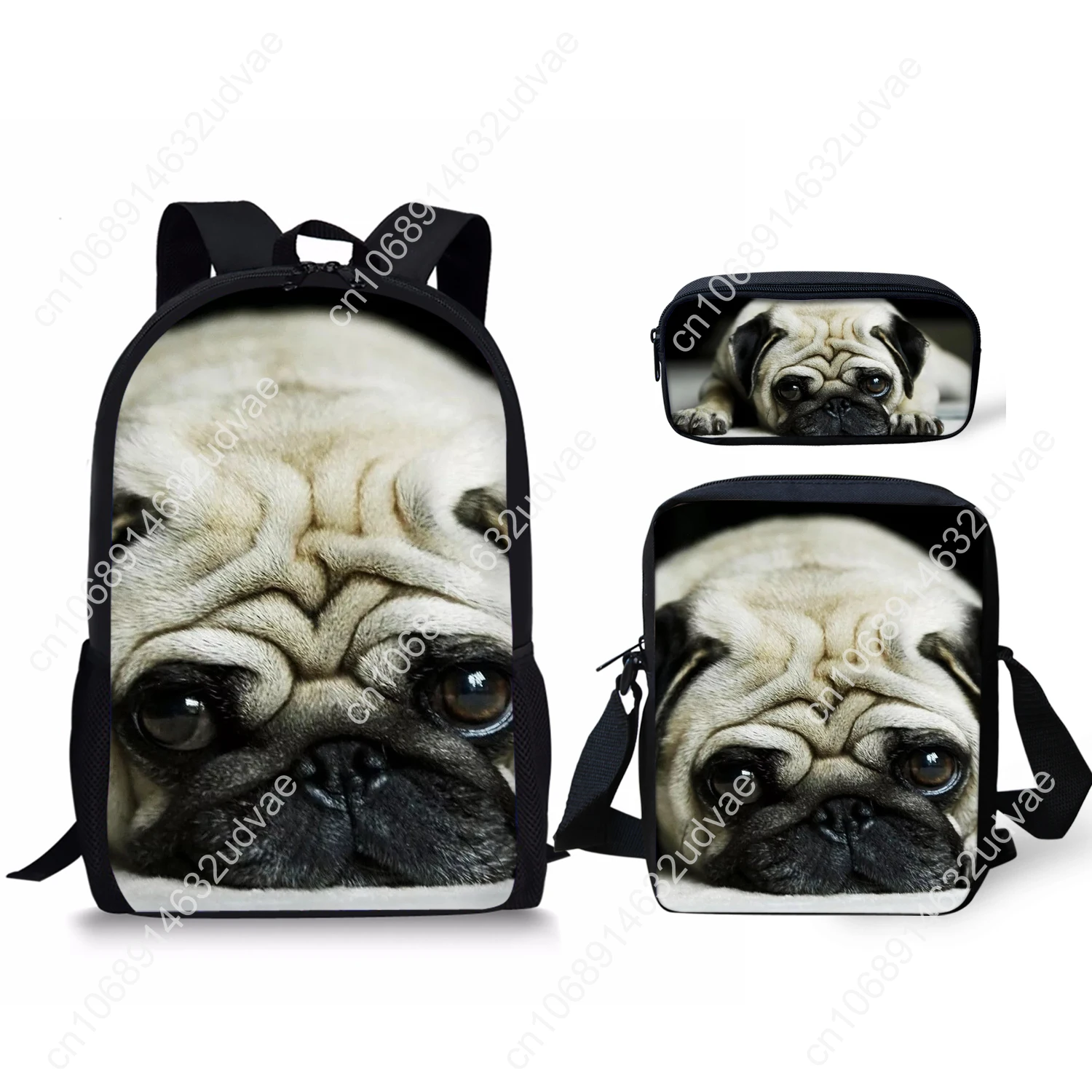 Girls School Backpack Puppy Pug Print 3 Piece Backpack Lunch Bag Pencil Case Kids School Bag Shoulder Bag Women's Mochilas