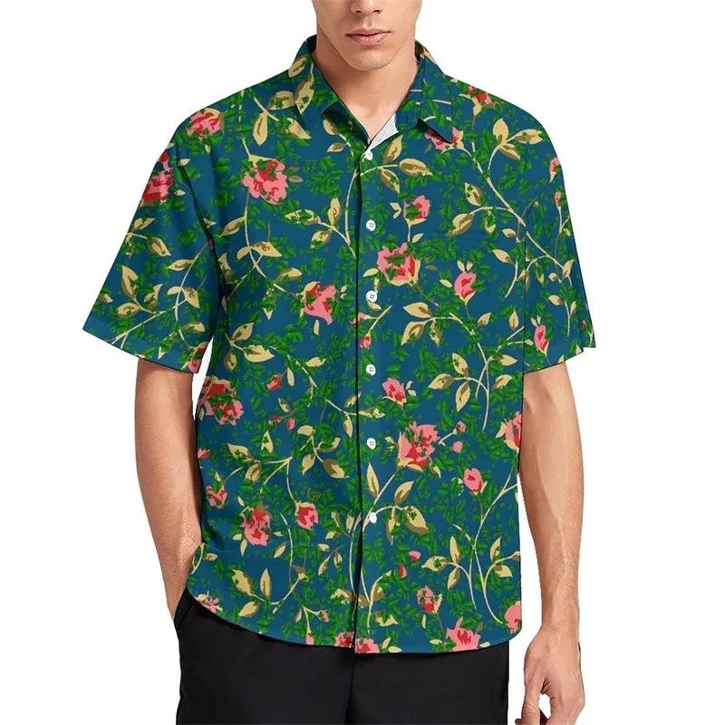 thumbnail image 1 of Camisas casuales con estampado completo de rosas en 3D y flores para hombre, camisas y blusas hawaianas de manga corta con botones para playa, ropa de calle de verano, 1 of 5