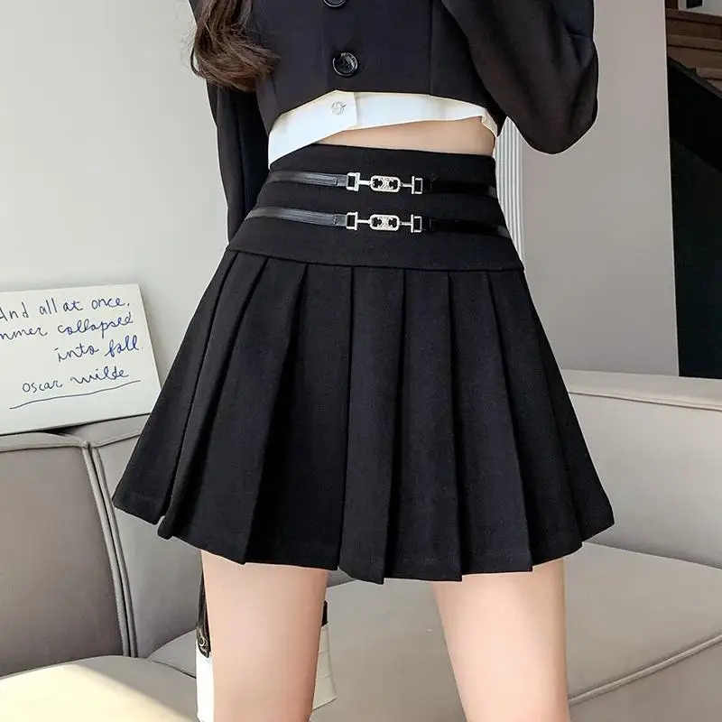 Fashion High Waist Woolen Pleated Skirt Women Autumn Winter New Hotsweet A Line Black Mini Skirts with Belt Female