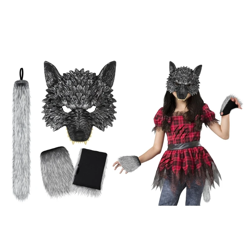 

2/3Pcs Wolf Costume Set Wolf Tail Wolf Mask Gloves Set Halloween Christmas Fancy Party Costume Animal Cosplay Props