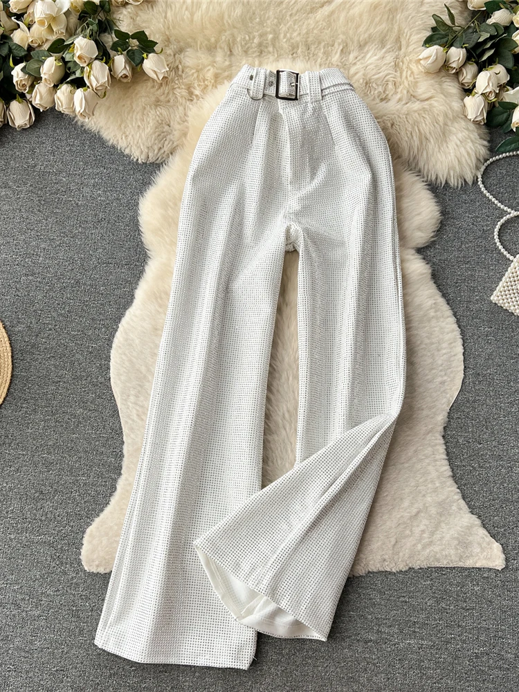 Autumn Winter Women Brown/Gray/Black/White Diamonds Long Pants Elegant Bling Shining Trouser High Waist Wide Leg Pants Femme New