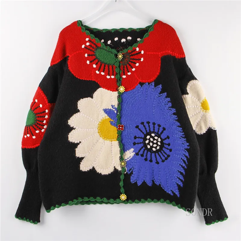 Floral Embroidery Vintage Cardigan 2021 Winter Women Oversized Sweater  Cardigan Chic Puff Sleeve Knit Jacket Women Sweater Coat