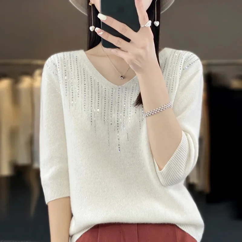 Women Sweater Short Sleeve V-neck Stripe Knitwears Slim Fit