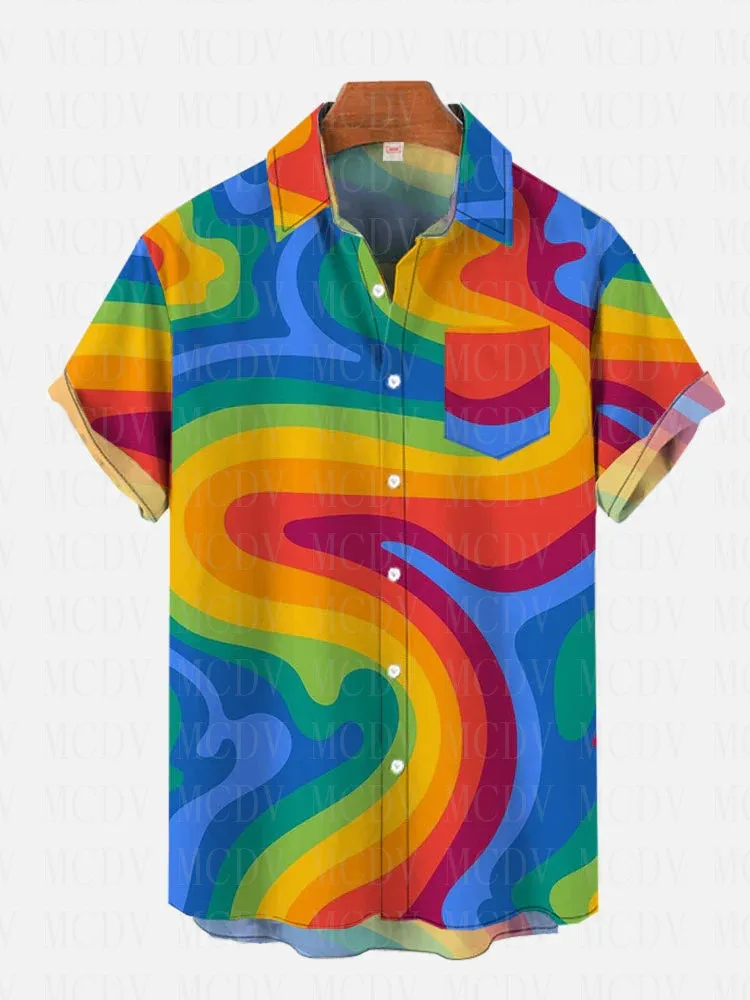 

Rainbow Art Creative Rainbow Stripe Printing Breast Pocket Short Sleeve Shirt Hawaiian Shirts