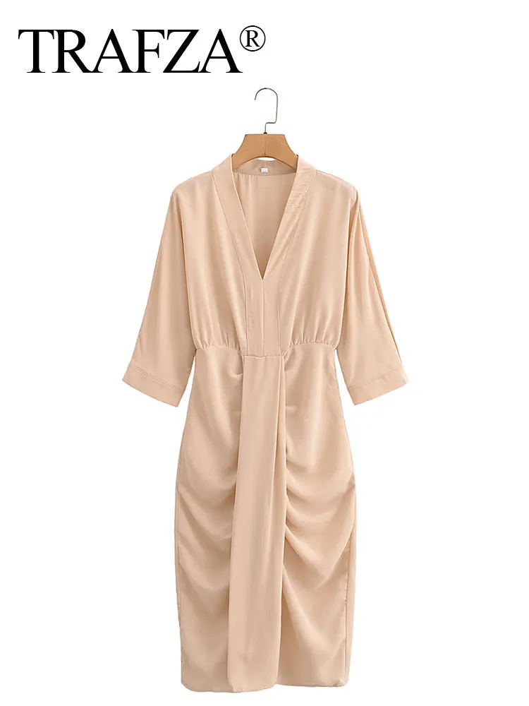 HH Dress Women Elegant Solid Waist Fitted Draped Dress Slim V Neck Half Sleeve Dresses Summer Woman Evening Dress Vestidos