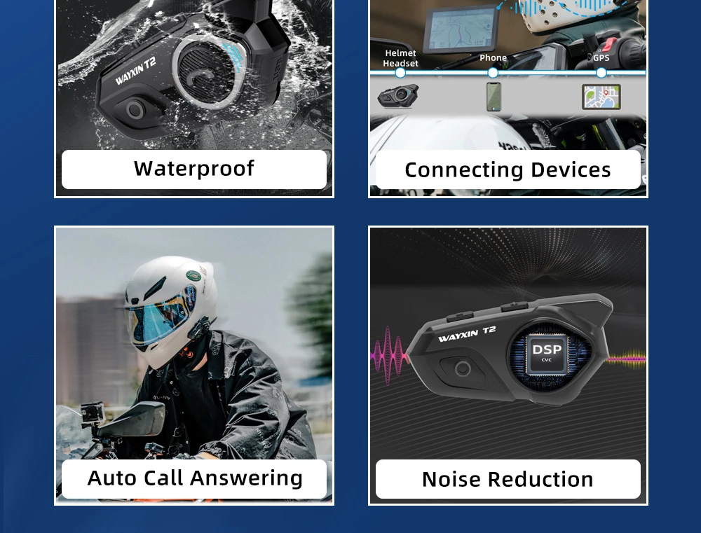 WAYXIN T2 Helm-Headset, Motorrad-Bluetooth-Gegensprechanlage für 2-Fahrer, Intercomunicador Motos Interphone BT 5.0, wasserdichter Biker – Detail 3