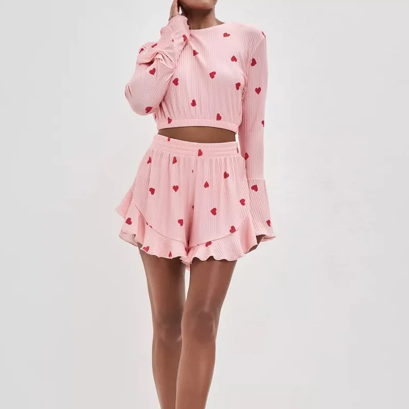 2024 Summer Pink Love Printed Waisted Pure Desire Slim Shorts Ladies Homewear Women's Two Pieces Set