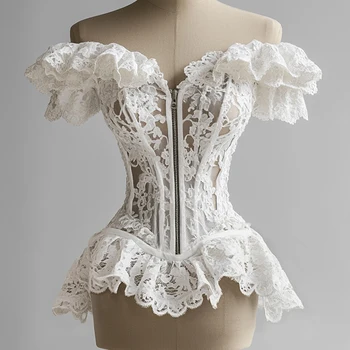 French Corset Women's Blouse Lace Ruffle Off Shoulder Zip Up Tube Tops Bustier Overbust Waist Slimming Strapless Tube Female Top
