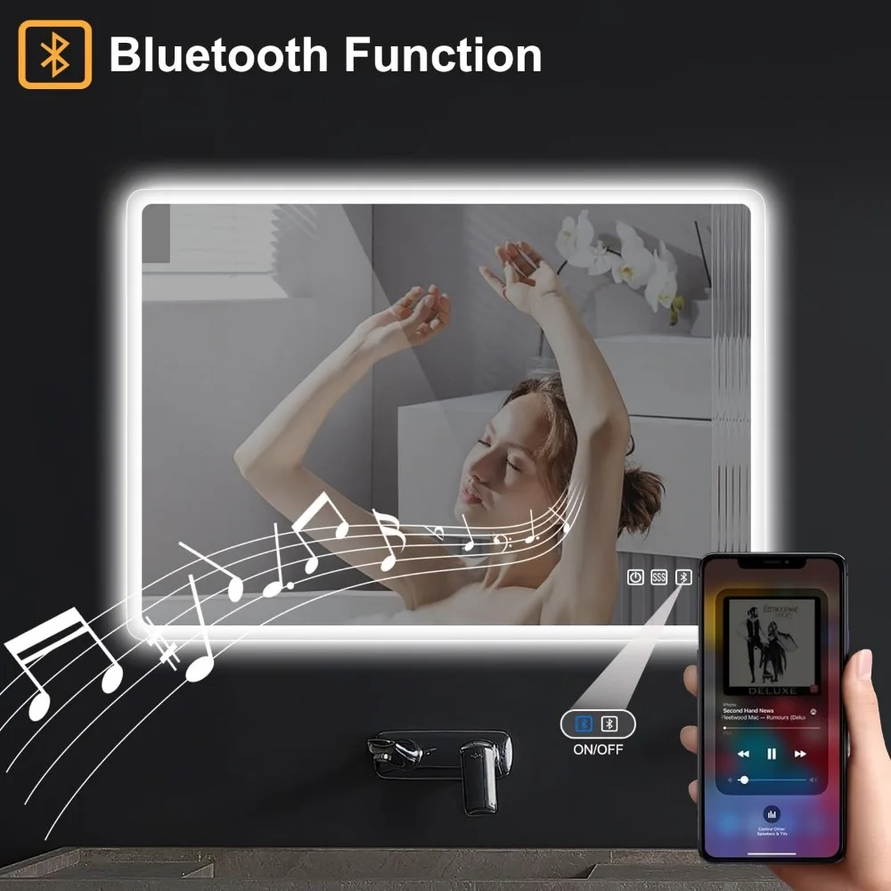 36"x28" LED-Lighted-Bathroom-Mirror, Wall-Mounted-Dimmable-Vanity-Mirror with Bluetooth Speaker, Anti-Fog Waterproof Smart Touch