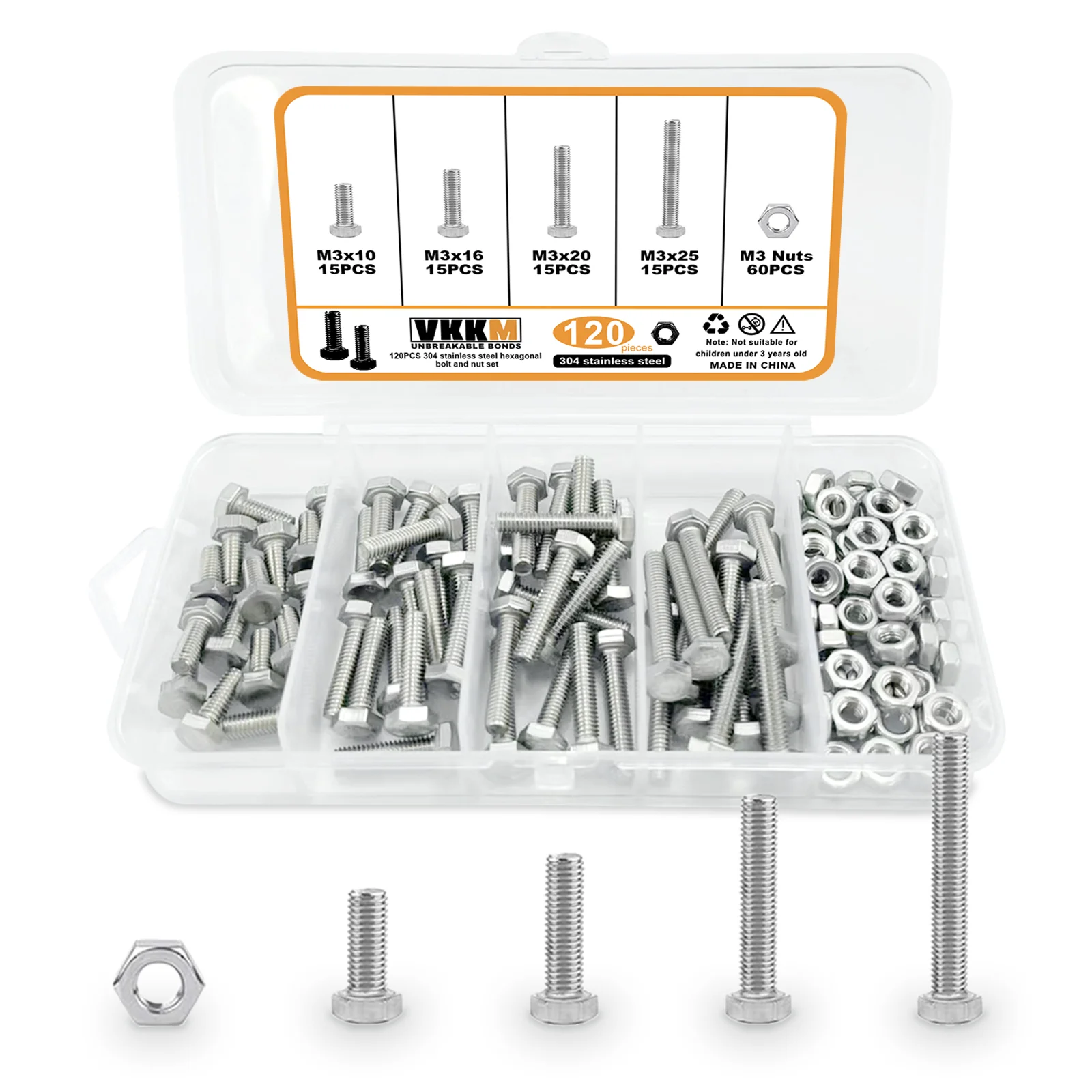 120pcs 304 stainless steel outer hexagonal bolt set, M3x (10/16/20/25mm) stainless steel bolts and nuts.