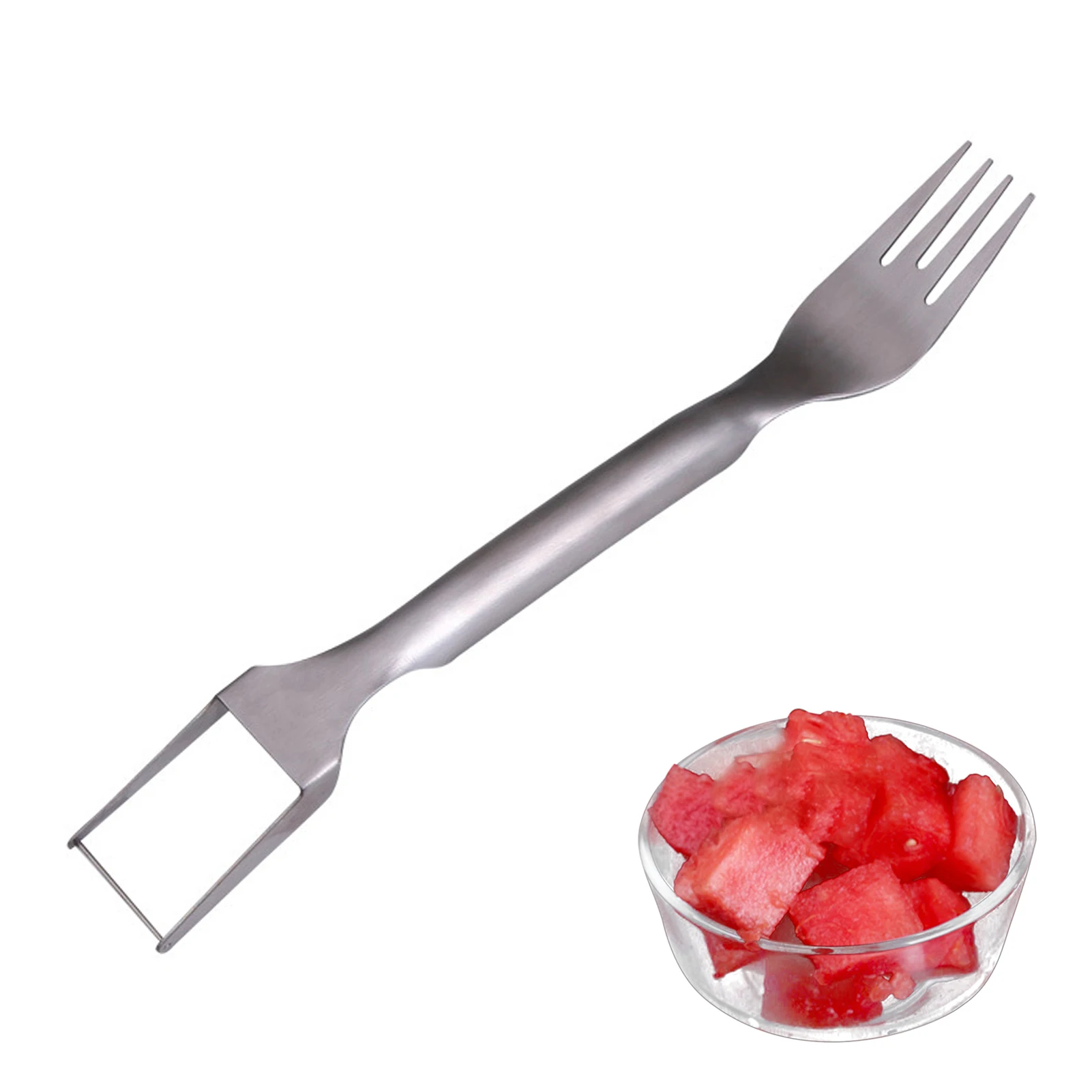 

2 In 1 Watermelon Slicer Cutter Watermelon Fork Slicer Stainless Steel Fruit Cutter Fork Melon Cube Cutting Tool Kitchen Gadget