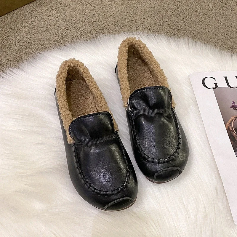

Зимние теплые женские туфли на плоской подошве без застежек, модная прошитая плиссированная мягкая обувь с мехом внутри, нескользящая женская обувь