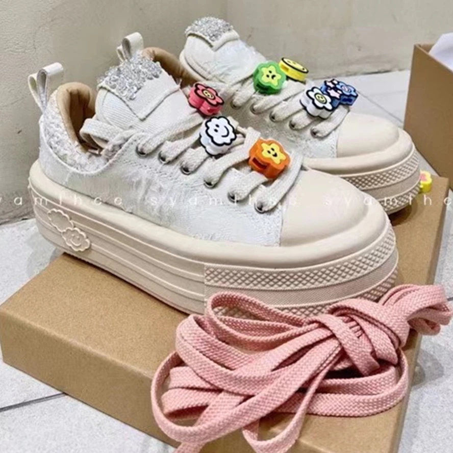 

Dave&Di Ins Blogger Fashion High Street Women's Retro Cute Thick Sole Cartoon Elevated Canvas Sneakers Casual Shoes Girls