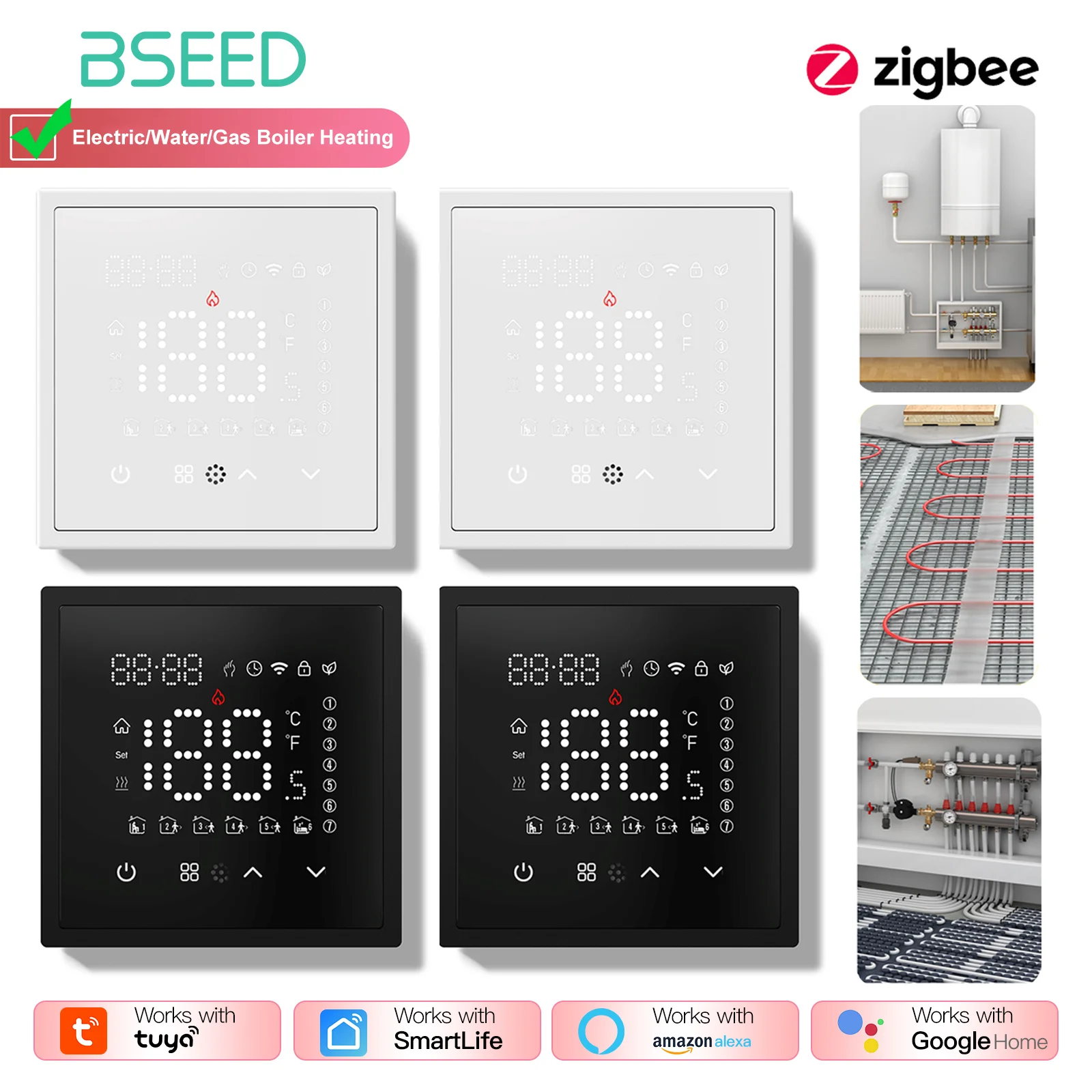 BSEED Zigbee ไฟฟ้า/น้ํา/หม้อต้มแก๊สชั้นเครื่องทําความร้อน Touch Sensor สมาร์ทเทอร์โมสแตท Tuya Smart Life Alexa ควบคุมกรอบพลาสติก 1