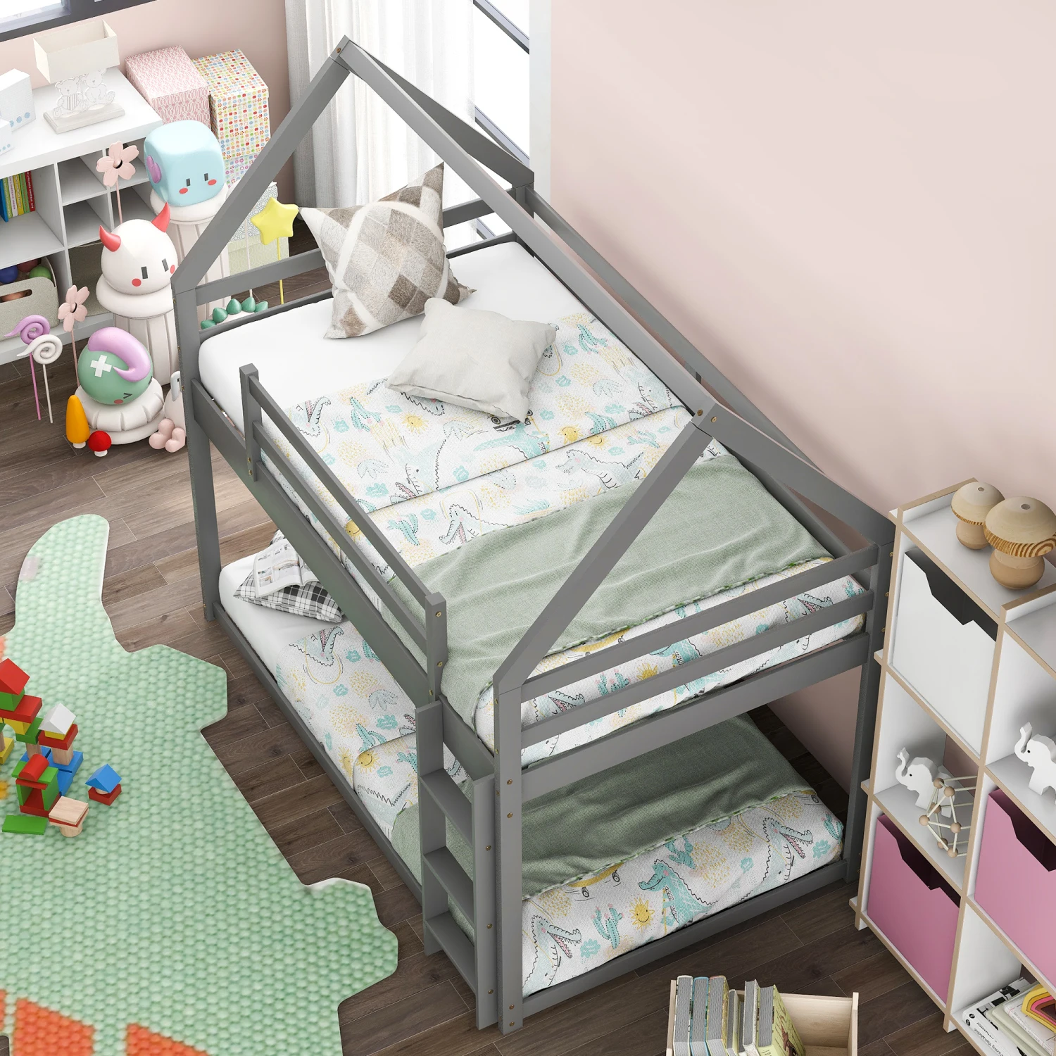 Twin over Twin Low Bunk Bed, House Bed with Ladder , Gray(OLD SKU WF197808AAE) 3