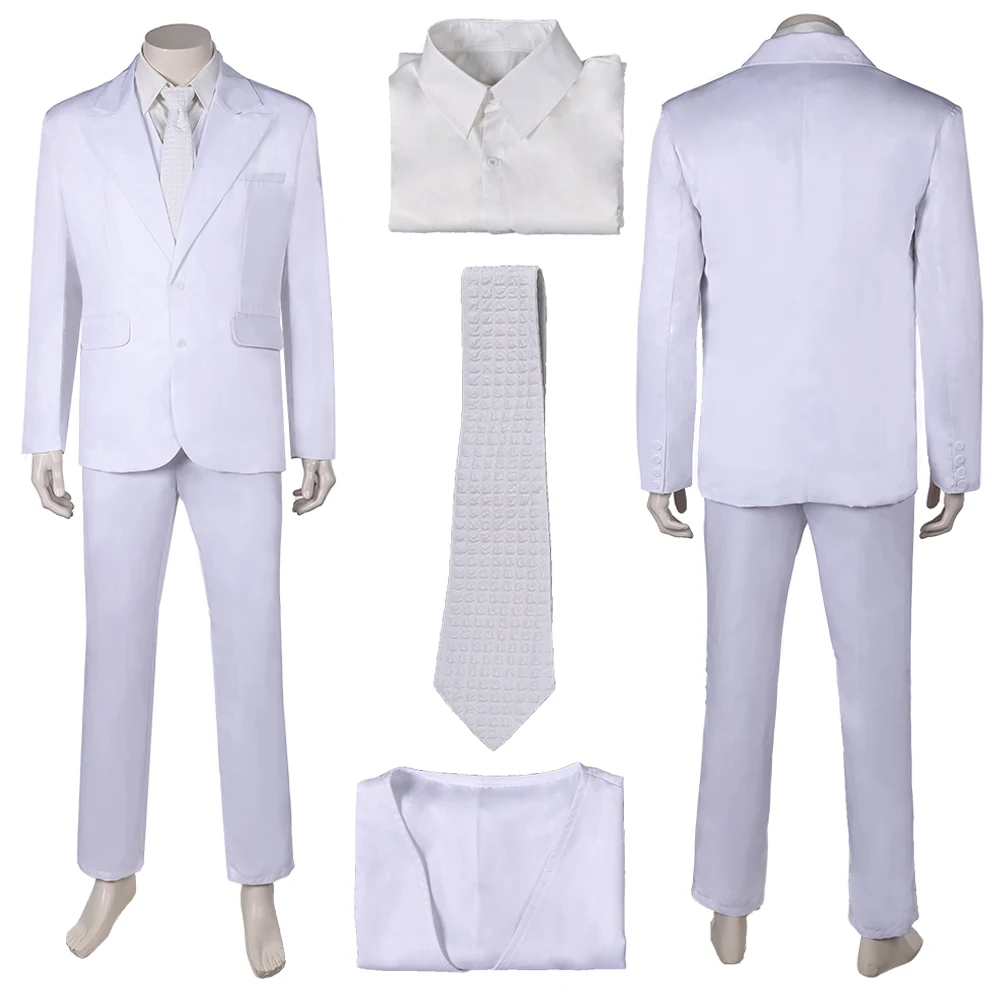 

Arthur Fleck Cosplay White Suit Cosume Cartoon Super Villain Roleplay Coat Outfits Vest Tie Full Set Male Halloween Party Cloth