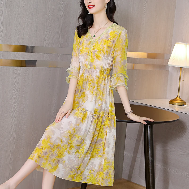 

Yellow Floral Mulberry Silk Beach Midi Dress Spring Summer Loose 4XL Plus Size Dress Women Elegant Skinny Party Vestidos