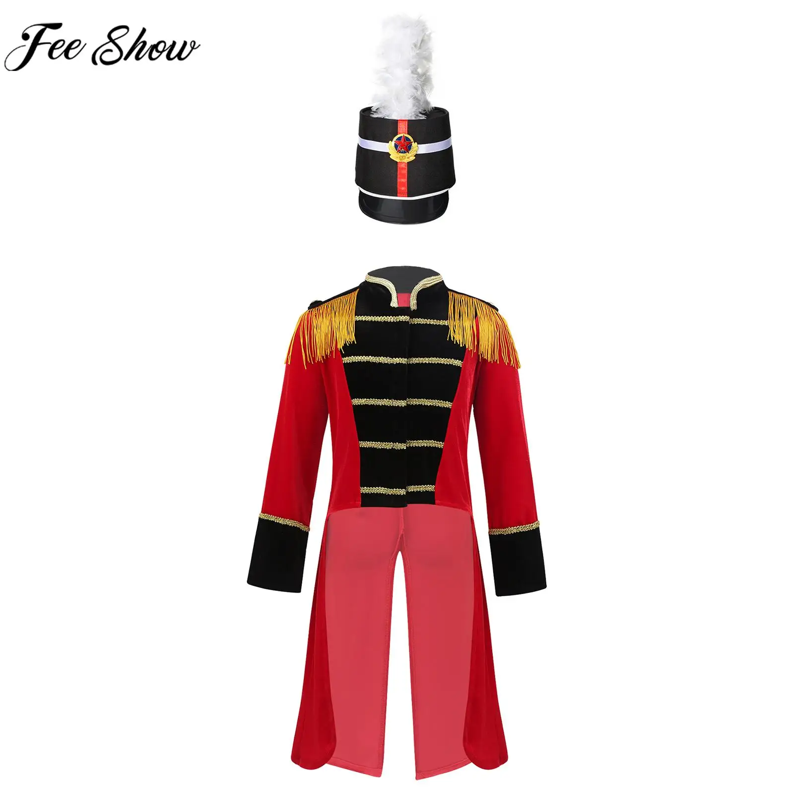 

Children Boys Parade Flag Raiser Honour Guard Performance Outfit Long Sleeve Tailcoat with Feather Hat Halloween Cosplay Costume