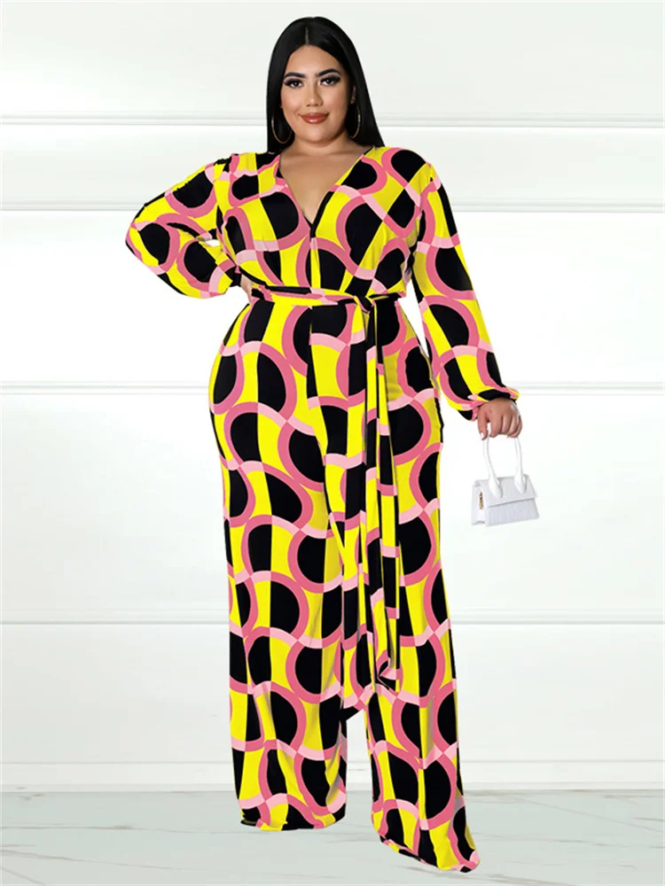Wmstar Plus Size Women Print Jumpsuit Fall Clothes One Piece Outfits Print Casual Wide Leg Bodysuit New Wholesale Dropshipping