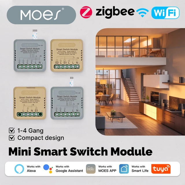 MOES Tuya WiFi/Zigbee Mini Smart Switch Module DIY 1-4 Gang Voice Control Timer Home Automation Works With Alexa Google Home
