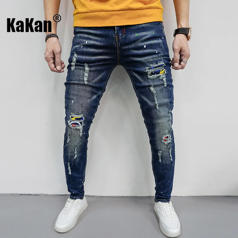 Kakan Europe and America's New Patch Denim Men's Clothing, Hole Hole Beggar Slim Fit Small Foot Patch Long Denim K7-686