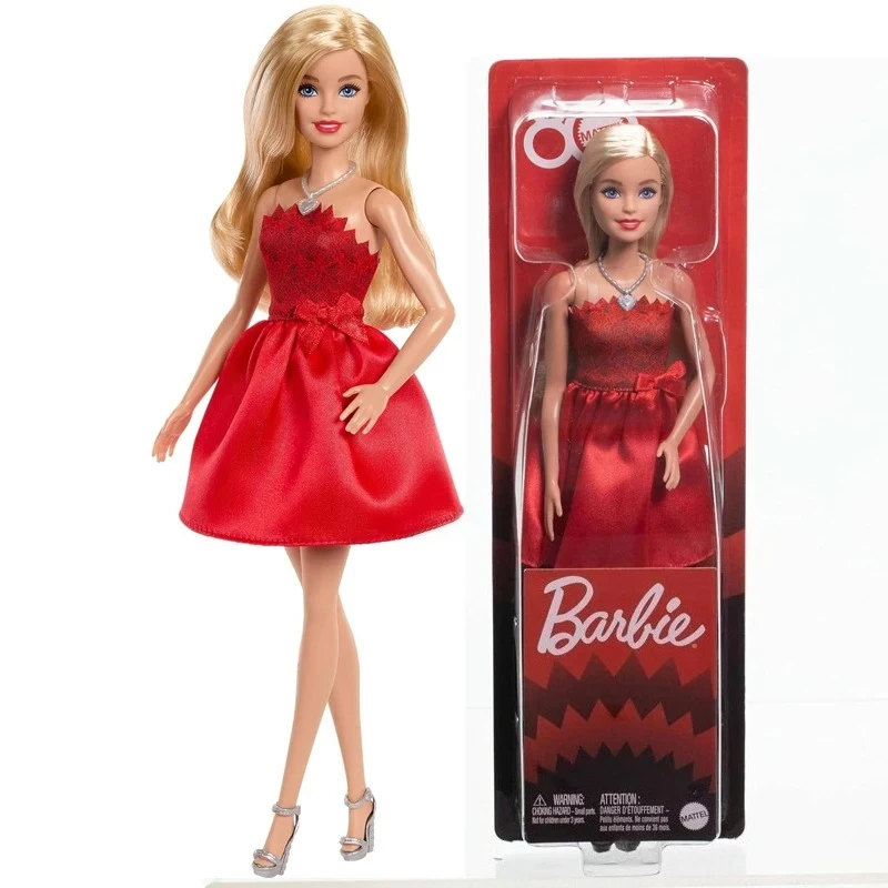 Poupées Barbie originales pour 80e anniversaire, célébration rouge, Blonde, Fashionistas, chaussures habillées avec nœud bleu, collier, jouets pour filles, accessoires