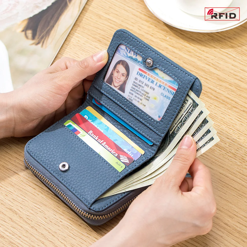 Genuine Leather Small Wallet for Women Men RFID Blocking ID Card Holder Zipper Key Purse Short Hasp Wallets for Mother Day Gift