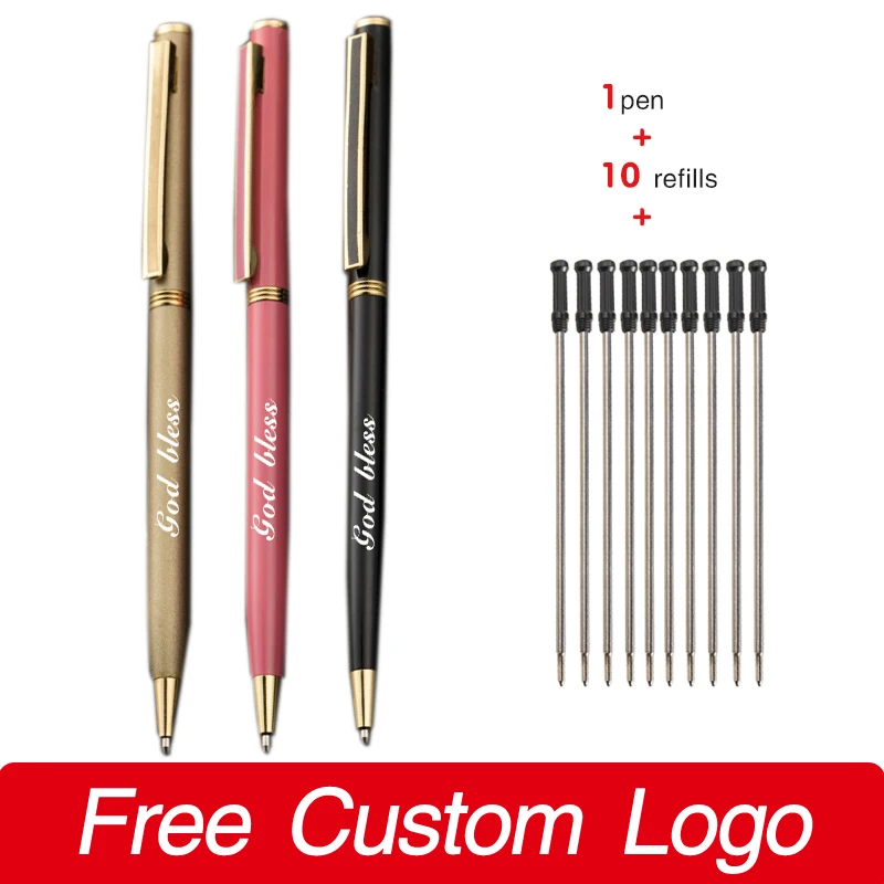 1 Pen + 10 Refills Custom LOGO Ballpoint Pen Metal Business Signature Pens Laser Engraving Name Personalized Gift Stationery