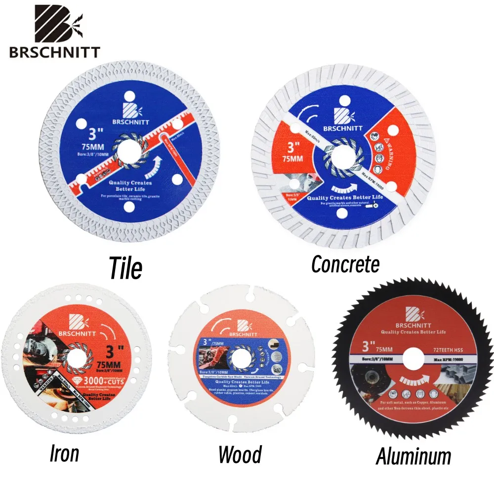 BRSCHNITT Mini Saw Blade set Diamond Cutting Disc for Cutting Concrete Wood Tile Metal Aluminum Granite 3inch 75mm fachlich dia115mm cutting disc aluminum metal copper wood pvc pipe concrete marble stone saw blade bore9 5mm 4 5inch plate