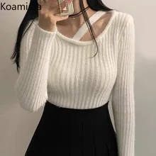 

Koamissa Sexy Hollow Out Solid Knitted Pullover Korean style Women Lace-up O Neck Sweaters Long Sleeve Winter Basic Pull Femme