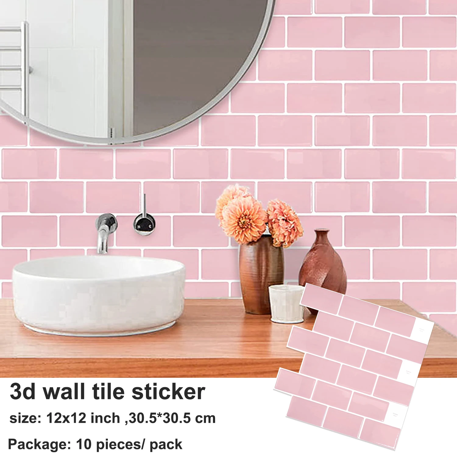 Pegatinas de pared de ladrillo 3d, papel tapiz a prueba de batería, azulejos de pared antisalpicaduras para baño y cocina, decoración del hogar, color rosa, 10 hojas