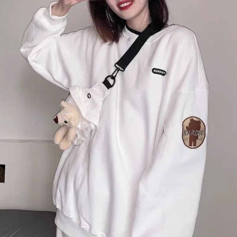 Women Cute Black Sweatshirt Fashion Streetwear Tops with Bag Korean Style White Pullover Kawaii Harajuku BF Jumper Female Loose
