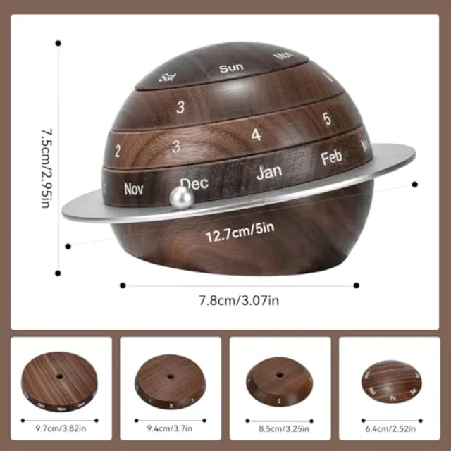 Rotating Wooden Calendar - Walnut Wood Detachable Planetary Desk Calendar, Spherical Perpetual Calendar for Home and Office Dec