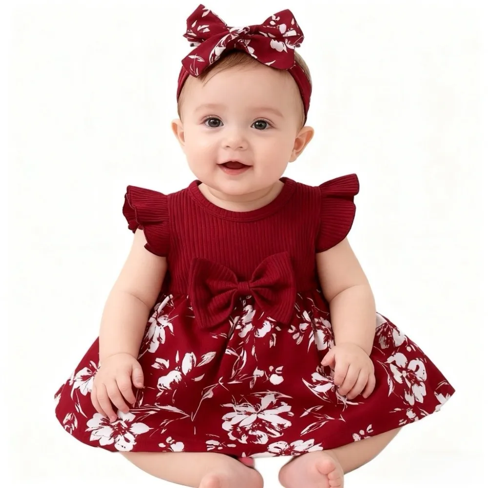 Colorful Bow Baby Girl Dress Cotton Short Sleeve Newborn Clothes Set Floral Soft Infant Red Princess Dress Photoshoot Outfit