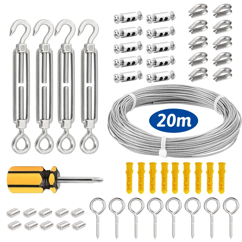 20m Garden Wire Turnbuckle Tensioner Kit with Wire Rope Cable 304 Stainless Steel