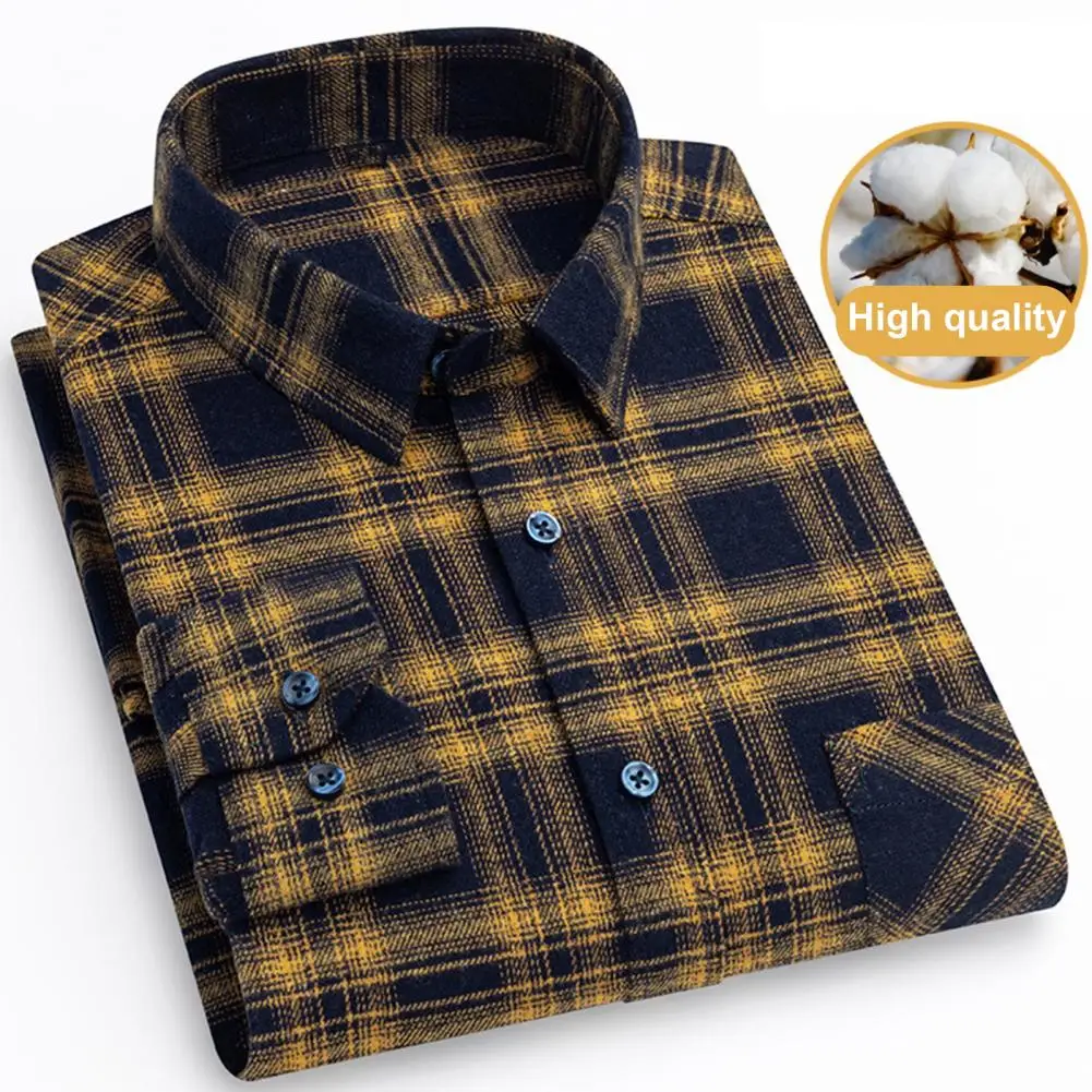 

Versatile Plaid Shirt Plaid Print Men's Cardigan Casual Mid Length Shirt with Turn-down Collar Color Matching Design for Fall