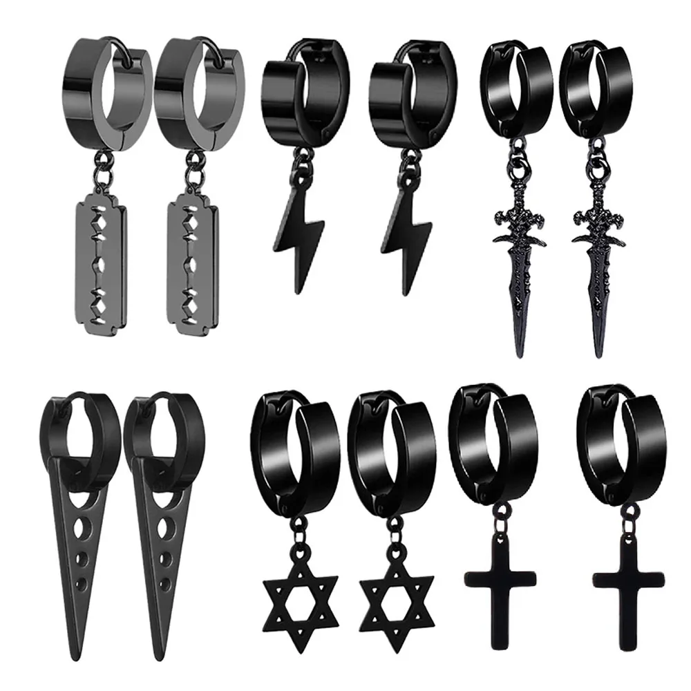 

WKOUD 1-6 Pairs Men's Black Cross Blade Stud Earrings Stainless Steel Pendant Earring Set Men And Women Jewelry Ear Piercing Set