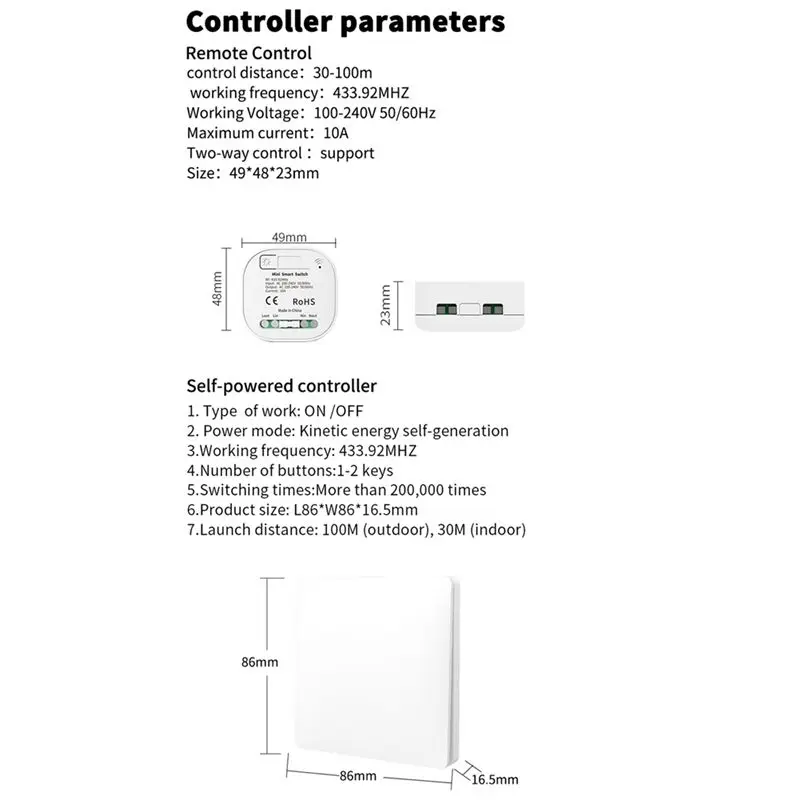 A23G 무선 리모컨 배터리 없음 RF433Mhz 자체 전원 방수 조명 스위치 85V-240V, 1Gang 1Receiver