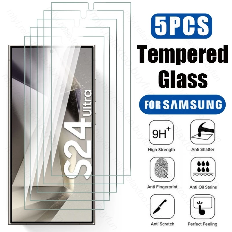 

Закаленное стекло 9H для Samsung Galaxy S24 Ultra, 5 шт., протектор экрана, Взрывозащищенная HD пленка Sumsung S 24 Plus S24Ultra S24 +