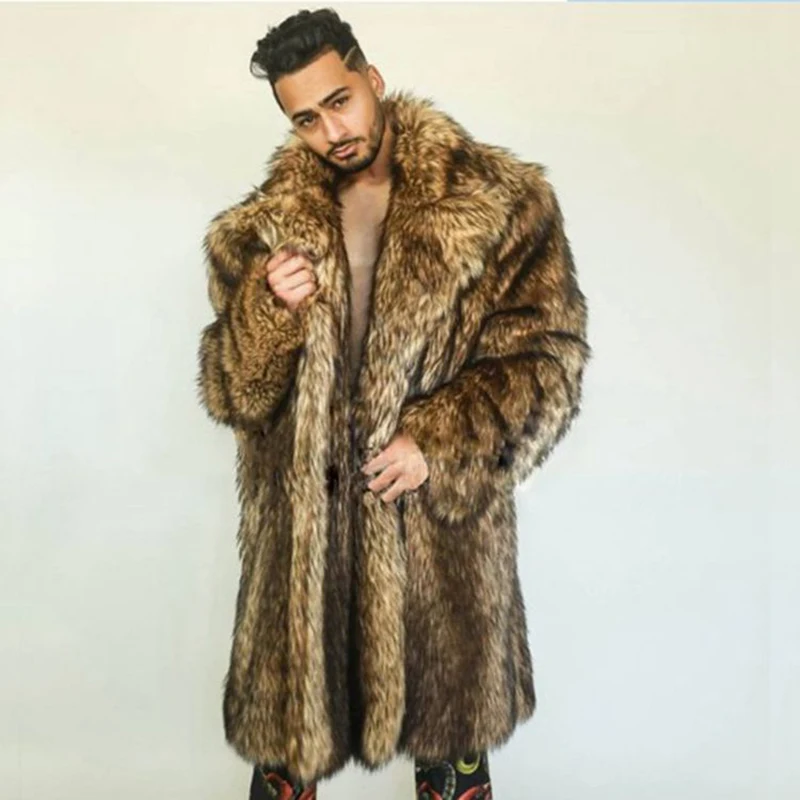 PFHQ Men's Thickened Warm Faux Fur Coat Long Camping Niche Loose