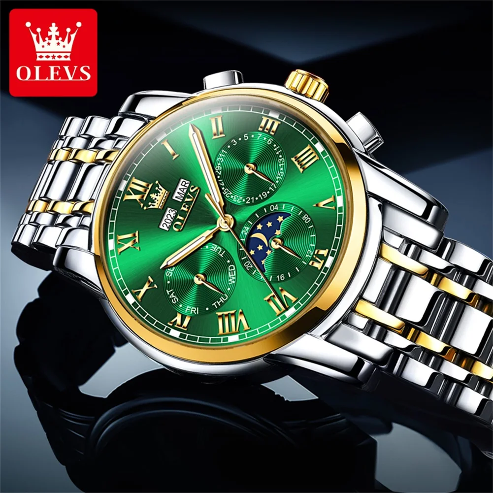 OLEVS New Fashion Multifunctional Mechanical Watch for Men Stainless Steel Waterproof Luminous Moon Phase Calendar Watches Mens