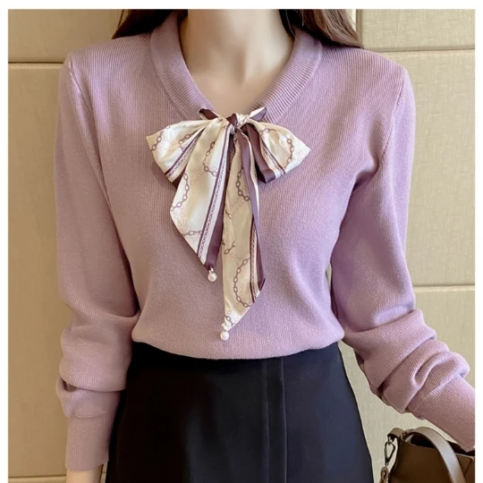 

Purple Office Lady Women Girl Pullover Sweaters Long Sleeve Knit Tops Fashion Bow Solid Knitwear Women's Sweater Top Coat Cloth