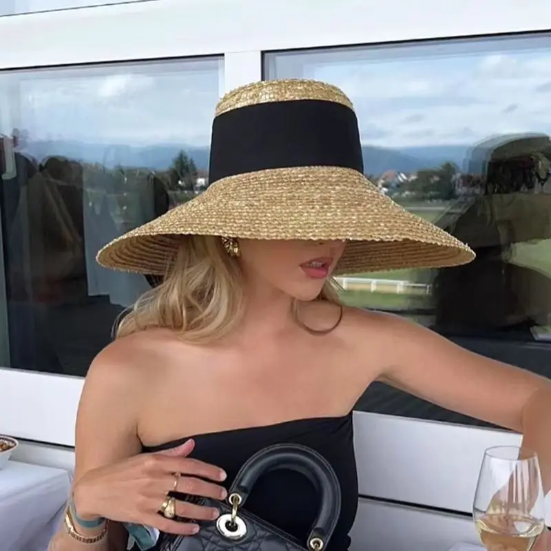 826864-1d2e41.png 2024 Summer Straw Hat Beach Hat Women's Seaside Sun Hat Vacation Bow Ribbon Flat Top Big Brim Straw Hat praia 모자 - Image 1