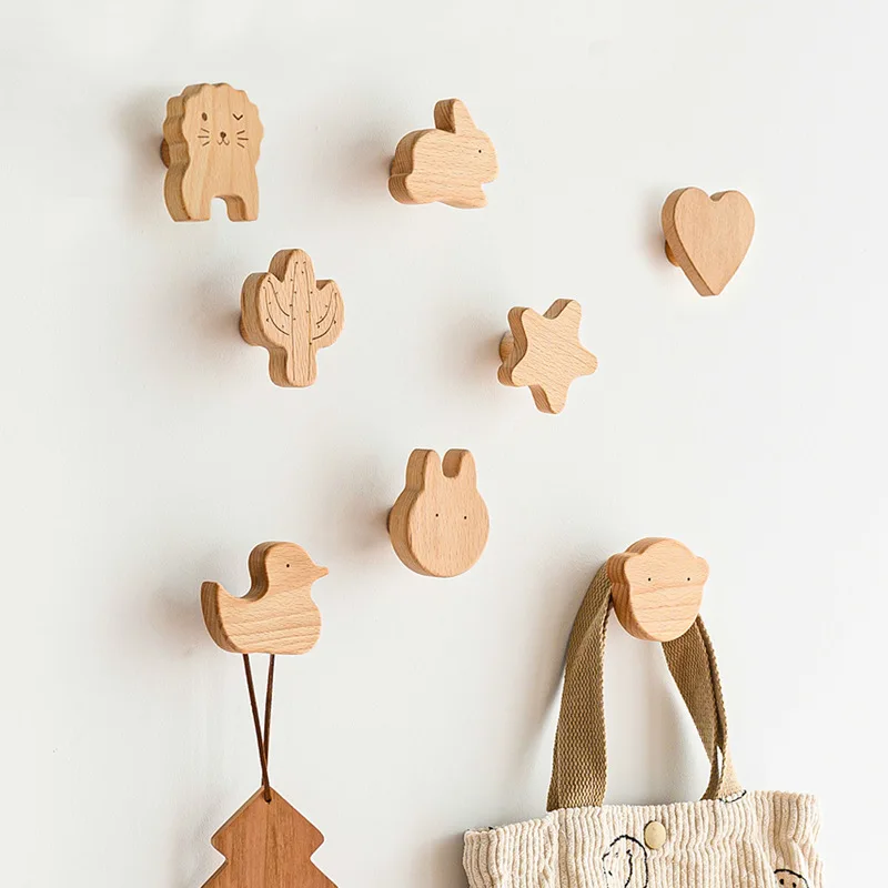 1PCS Solid Wood Hooks Cute Room Decor Animal Hook Wall Hanging Key Coat Hook Home Decoration Hanger Bathroom Kitchen Accessories 3