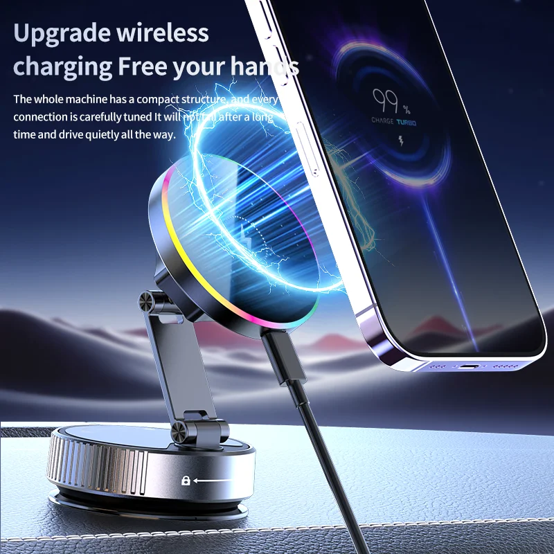 360 Rotation 15W RGB Magnetic Wireless Charger & Vacuum Suction Cup Bracket For Magsafe iPhone 17~12 Pro Max Fast Charging Mount