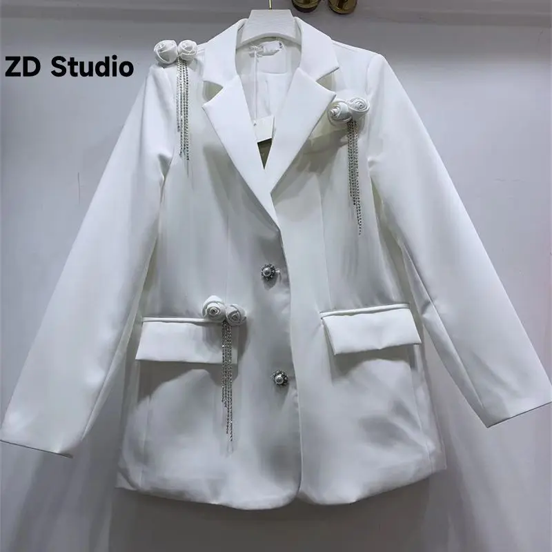 

[ZD Studio] 2023 Autumn And Winter Tide Brand Fashion Personality Three-dimensional Flower Pearl Buckle Loose Suit Jacket Woman