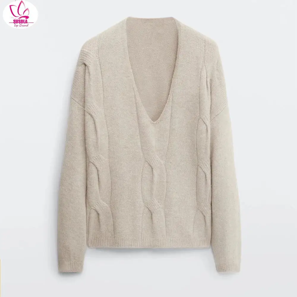 

SUSOLA Lady Elegant Solid Knitting Pullovers Wool Sweater Women Casual Loose V-neck Oversized Sweater Female All-match Jumper