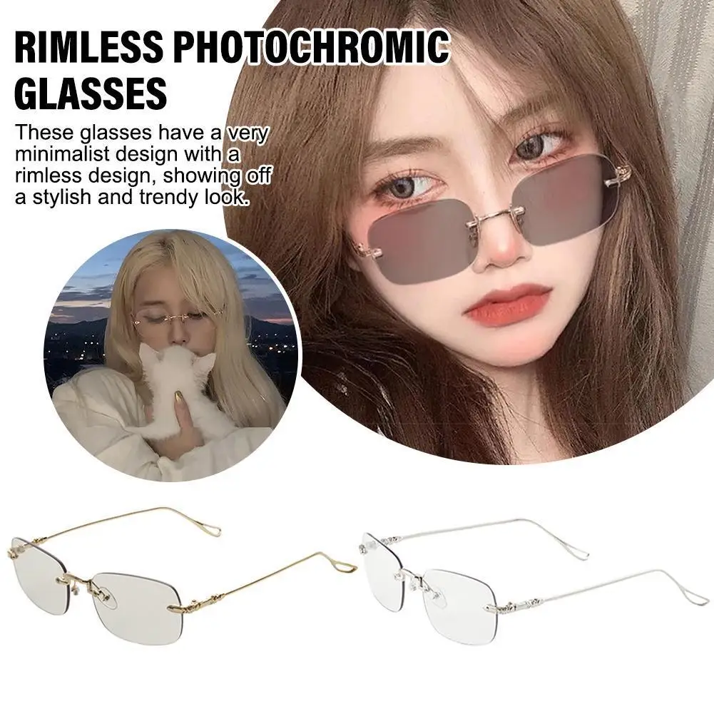 

Fashion Rimless Color Changing Glasses Nearsighted Women Luxury Anti Blue Light Radiation Korean INS Photochromic Eyewear New