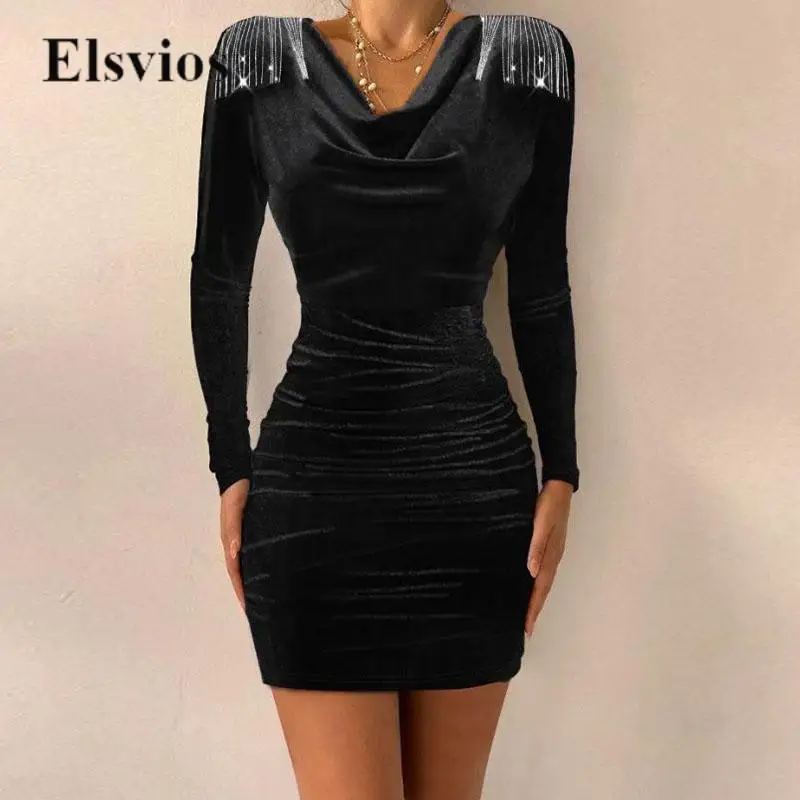 

Vintage Fashion Ruched Collar Women Party Dress Female Long Sleeve Casual Mini Dress Elegant Shoulder Sequin Chain Tassel Dress